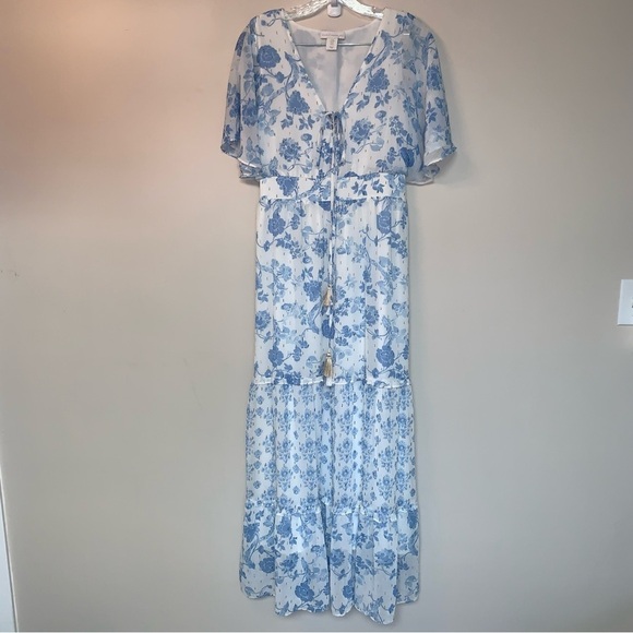 House of Harlow 1960 Blue and White Flutter Sleeve Maxi Dress M - Picture 4 of 14